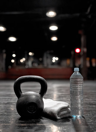 A dark, focused shot presents a black kettlebell, a bottle of water, and a towel on a reflective surface. The image emphasizes the textures and contrasts of the objects, lit by overhead lights. This arrangement is set in an indoor environment, perhaps a gym or workout space. Suitable for editorial or commercial content.の素材