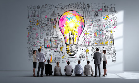 A diverse group of individuals observe a large, illuminated lightbulb illustration filled with colorful strokes. The background features a detailed wall of sketched diagrams and symbols. The composition utilizes a low-angle perspective, natural lighting, and a soft texture. This image can be used for conceptual projects, presentations, and various commercial purposes.の素材