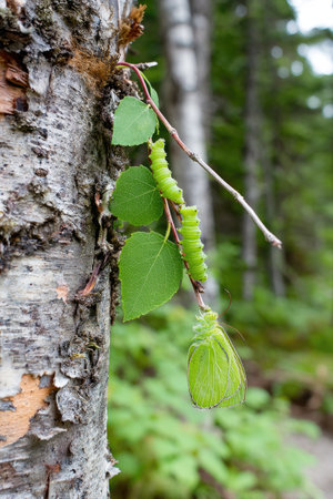 An image presents a caterpillar and butterfly clinging to a small branch with vibrant green leaves. The composition is vertical with natural lighting, possibly outdoors. Suitable for commercial applications such as environmental themes, education, or illustrating nature.の素材