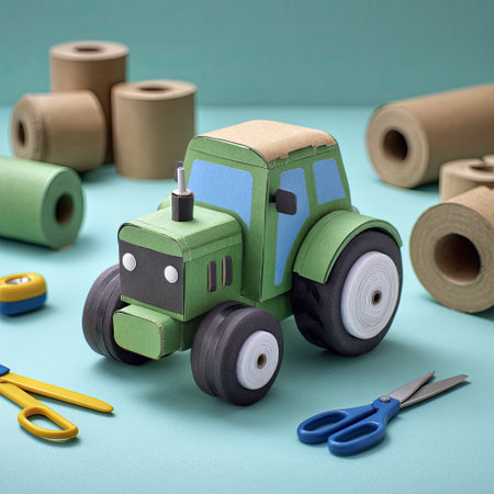 A green paper tractor sits amidst various paper rolls on a blue surface. The scene features a brightly colored tractor, suggesting a crafted or artistic concept. The environment appears to be an indoor setting with even lighting. The image is suitable for various commercial or educational applications.の素材