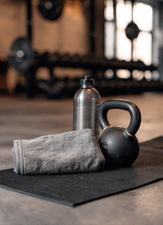A close-up captures gym essentials: a kettlebell, water bottle, and rolled towel resting on a black exercise mat. The composition features a neutral color palette of silver, gray, and black, suggesting a fitness or workout environment. The shallow depth of field isolates the subjects, making it suitable for promoting wellness or sports.の素材