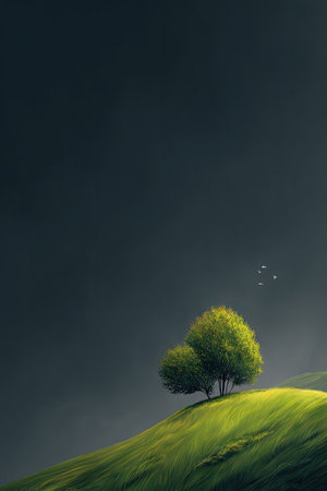 A tranquil landscape depicts two trees atop a lush, green hillside. The scene is dominated by a dark, possibly overcast, sky. Soft lighting suggests a diffused daylight. This image is suitable for various commercial uses, including backgrounds or illustrations of nature and environment themes.の素材