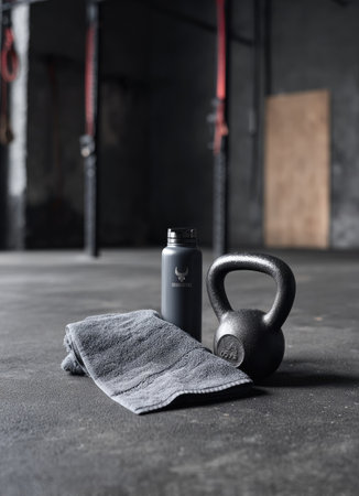 This still-life composition features exercise equipment, including a kettlebell, water bottle, and towel. The items are arranged on a textured concrete surface. The image exhibits a minimalist aesthetic, with a neutral color palette. It may be suitable for various commercial uses related to health, fitness, or wellness.の素材
