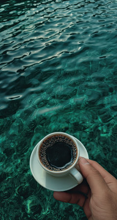 A hand holds a cup of dark coffee and saucer against a backdrop of rippling turquoise water. The image features a top-down perspective, with varying depths of color. This photo could be used for lifestyle imagery or to symbolize themes like travel and refreshment.の素材