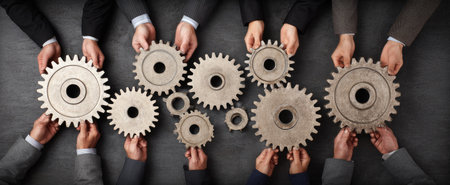 Various hands hold gear wheels together, suggesting a collaborative effort. The image features a top-down view with neutral colors and soft lighting. This arrangement evokes themes of cooperation and interconnectedness, lending itself to use in commercial or editorial contexts related to business.の素材