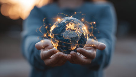 A person's hands cradle a luminous globe, showcasing continents highlighted with interconnected lights. The image presents a soft, diffused lighting with predominantly blue and gold tones, implying a technological or conceptual theme. This composition would be appropriate for illustrating concepts related to globalization, networks, or digital communication.の素材