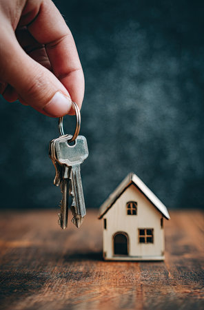 A hand holds a set of keys above a small model house. The composition features a close-up perspective with selective focus on the keys and miniature house. The image uses a warm color palette with a wooden texture and a dark background. It is suitable for real estate, finance, or home ownership related commercial applications.の素材