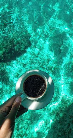 A hand holds a coffee cup on a saucer, positioned above a vibrant turquoise water surface. The composition features an overhead perspective with sunlight reflecting on the cup and water. This image could be suitable for lifestyle, travel, or refreshment related marketing materials.の素材