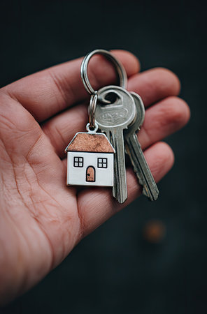 A hand presents a set of keys featuring a house-shaped pendant. The composition shows close-up detail with a shallow depth of field, highlighting the house and keys. The image uses natural lighting on a dark backdrop, creating a simple, clean, and focused visual. Suitable for illustrating real estate concepts.の素材
