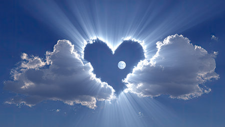 A heart shape is formed by clouds, with the sun's rays illuminating through. The image displays a bright blue sky, contrasting with the white clouds. The composition has a sense of peace and optimism, suitable for various editorial and commercial applications. The scene is well-lit with natural sunlight, ideal for uplifting content.の素材