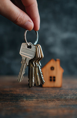A hand holds a set of keys with a small wooden house in the background. The keys are silver, and the house is made of wood with visible grain. The composition features a shallow depth of field, with soft focus on the house. This image could be used for various real estate or property-related commercial projects.の素材