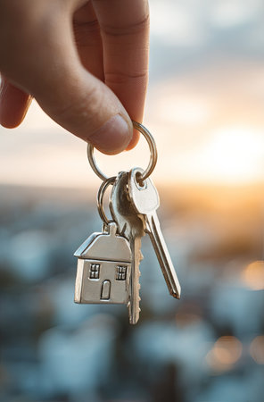 A close-up shot presents a hand grasping a set of keys with a house-shaped keychain. The keys gleam under warm sunlight, set against a softly blurred urban backdrop. This image captures the essence of property ownership, potentially suitable for real estate promotions or lifestyle content.の素材