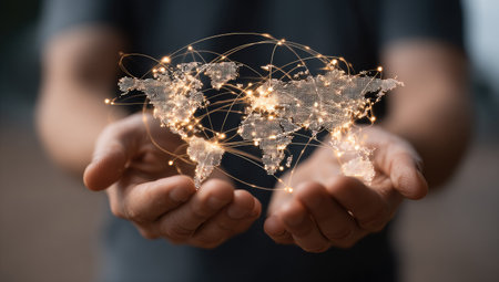 A person's hands cradle an illuminated world map, showcasing interconnected networks. Warm golden lights trace continents against a blurred background. The image presents a conceptual representation suitable for themes of communication, globalization, and technology, potentially for editorial or commercial applications.の素材