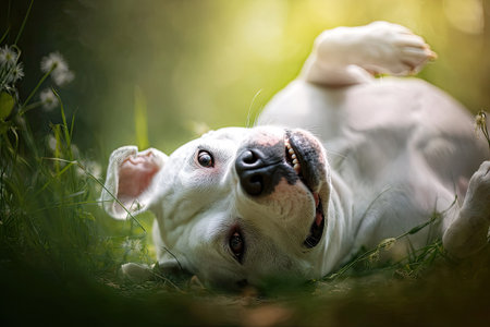 A white dog reclines in grass with a sunny, blurred background. The image showcases the dog's upturned face, highlighted by natural light. Its coat appears soft, set against the green of the grass and foliage. This image could be suitable for various commercial applications, including advertising or editorial content.の素材