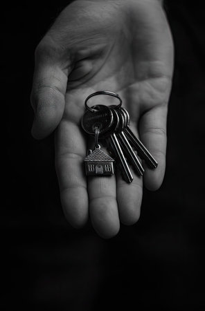 A grayscale photograph captures a hand presenting a set of keys. The image focuses on the keys and a house-shaped charm. The lighting emphasizes textures and creates shadows. This image is suitable for illustrating concepts of ownership, real estate, and financial security, finding use in various commercial and editorial contexts.の素材