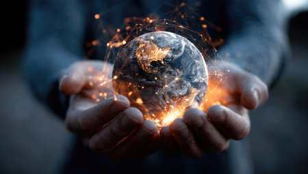 Two hands cradle a glowing digital earth globe, emanating light and energy. The image features a shallow depth of field, with soft focus on the globe and hands. Sparks and lines represent a network, suggesting technological or conceptual themes. The image is suitable for various commercial uses related to technology or global themes.の素材