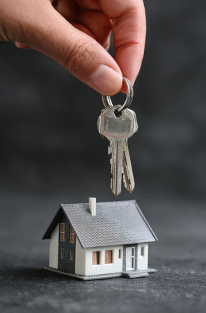 A hand holds keys above a small house model, set against a dark backdrop. The image features a shallow depth of field, emphasizing the key and miniature house. The composition evokes themes of real estate, ownership, and acquisition, suitable for various commercial applications.の素材
