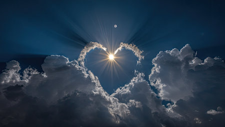 A heart shape is formed in the clouds, with the sun shining through its center. The scene is illuminated by strong sunlight against a blue sky, which casts the clouds in various shades of grey. This image is suited for use in romantic or inspirational materials such as greeting cards, posters, or website content.の素材