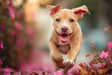 A tan puppy is running towards the camera in an outdoor environment. The image displays the dog with its mouth open, showcasing a playful expression. Vibrant pink flowers and green foliage create a colorful backdrop with natural sunlight. This image is suitable for various commercial uses, including advertising campaigns.の素材