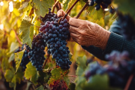 An individual's hands gently harvest ripe grapes from a vine, illuminated by warm sunlight. The image highlights the rich colors of the fruit and foliage, with a shallow depth of field enhancing the focus. This scene could be used for illustrating agriculture, wine production, or themes of harvest and abundance.の素材