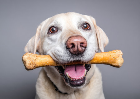A close-up shot presents a cheerful dog holding a bone in its mouth, showcasing a light-colored coat and engaging eyes. The image uses a clean, studio-style composition against a gray background with open mouth. Suitable for various uses, this image could serve commercial purposes.の素材