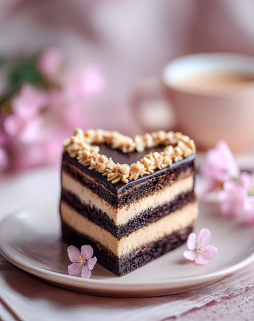 A heart-shaped cake sits on a plate in front of a blurred coffee cup and a scattering of pink flowers. The cake displays layers of chocolate and cream with decorative frosting. The soft lighting and composition suggest a close-up setting with potential uses for food blogs or romantic content.の素材