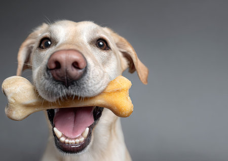 A close-up studio shot features a Labrador Retriever holding a large bone in its mouth. The dog's fur is golden, contrasting with the bone's yellow hue and the gray background. The composition highlights the dog's open mouth and expression, suitable for various promotional or illustrative applications.の素材
