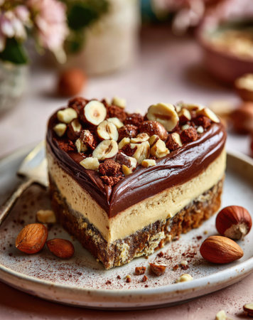 A close-up captures a heart-shaped dessert with a layered composition. The top is covered in chocolate and nuts. The dessert sits on a plate, possibly indoors, with soft lighting enhancing the textures and colors. Ideal for use in culinary projects, food blogs, or commercial promotions.の素材