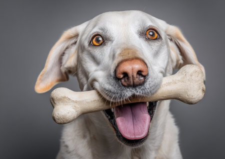 A close-up captures a light-colored Labrador Retriever with a bone in its mouth. The dog's expression appears joyful against a plain gray background. The image exhibits soft lighting, focusing attention on the dog's features and the bone. Suitable for various advertising or illustrative uses.の素材