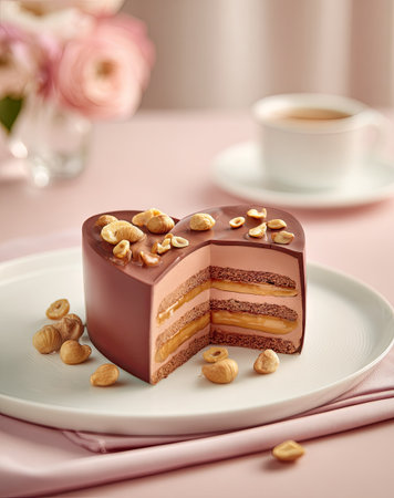 A heart-shaped cake with chocolate icing and nuts is presented on a white plate. It displays layers of filling. The composition suggests an indoor setting with natural lighting. This image is suitable for various commercial purposes, including culinary content, advertising, and editorial use. It can be utilized to promote desserts or food-related products.の素材
