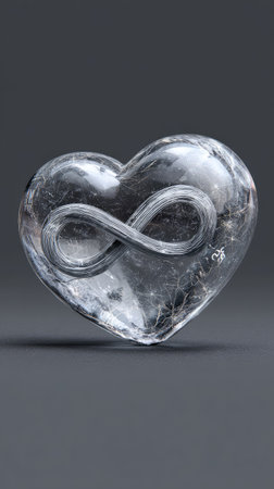 A close-up view presents a heart shape intertwined with an infinity symbol. The heart exhibits a translucent, crystal-like texture, while the infinity element is a solid form. The composition is set against a dark background, with soft lighting enhancing the three-dimensional appearance, suitable for conceptual, design, and illustrative applications.の素材
