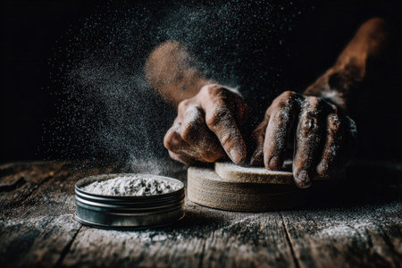 Two hands are seen dusting flour onto a wooden surface. The image highlights the texture and details with focus on the hands and flour. The lighting is soft, possibly indoors, creating a sense of activity. This image could be suitable for various uses, including culinary and educational materials.の素材