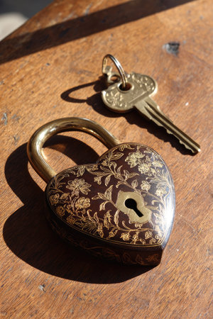 An overhead shot showcases a heart-shaped lock beside a key on a wooden surface. The lock features ornate floral patterns, while the key is simple in design. Warm lighting illuminates the scene, highlighting the textures and colors of the lock, key, and the wooden backdrop. Suitable for editorial use, or illustrating concepts of security.の素材