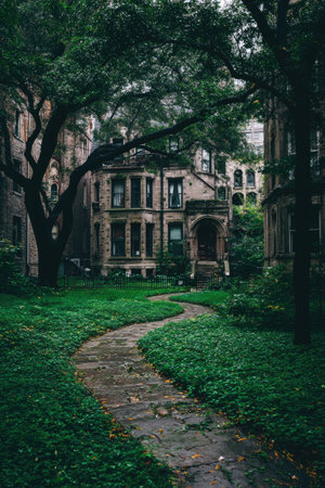 An architectural exterior features a classic building and a winding path. Overcast lighting illuminates the scene. The image showcases stone elements, trees, and dense foliage, creating a timeless environment. Suitable for editorial illustrations, design projects, and visual storytelling.の素材