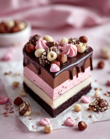 A heart-shaped layered cake is presented with a rich chocolate ganache and various decorative toppings, including nuts and meringues. The cake displays multiple layers, featuring shades of pink, brown, and white. The composition uses soft lighting with focus on the dessert, potentially suitable for culinary publications or promotional materials.の素材