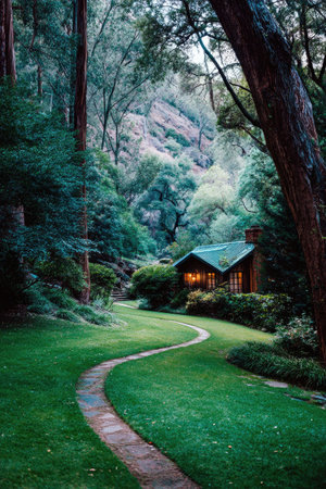 A tranquil image showcases a charming cabin nestled amidst lush greenery. A winding stone path meanders through vibrant green grass, framed by tall trees. The scene is illuminated by soft, natural light, suggesting an outdoor environment. This visual is suitable for depicting serene landscapes and related editorial purposes.の素材