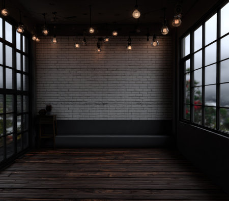 An interior space features a brick wall, dark wooden floor, and large windows. Overhead, multiple light bulbs create a warm glow. The composition showcases a balance of light and shadow, with a focus on textures. It could be useful for various commercial projects and editorial needs.の素材