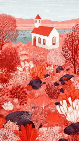 An illustration depicts a white church with a red roof, situated within a landscape characterized by red-toned trees, bushes, and rocks. The style presents a simplified artistic approach. Soft lighting illuminates the scene suggesting an outdoor environment, with a body of water in the background. Suitable for various editorial and commercial applications.の素材