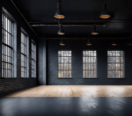 An empty interior space displays an industrial aesthetic with dark walls, large windows, and a wooden floor. The composition includes overhead lighting and a black ceiling. This interior could be utilized for various commercial purposes and presentations.の素材