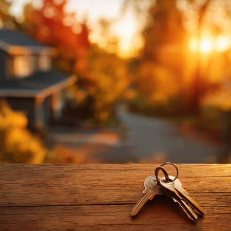 A set of keys rests on a textured wooden surface, with a shallow depth of field. The background shows a blurred house and colorful foliage, suggestive of an autumn setting. Warm sunlight illuminates the scene, enhancing the vibrant color palette. Suitable for real estate, home ownership concepts, and general lifestyle imagery.の素材
