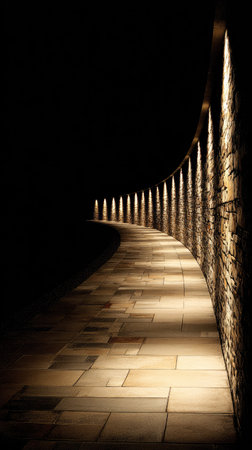 An illuminated pathway curves along a textured wall in a low-light environment. Warm lighting highlights the stone and path's surface, creating shadows. The composition and selective lighting direct the viewer's eye, suitable for various editorial and commercial applications. The scene evokes a sense of mystery and depth.の素材