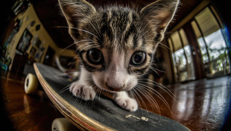 A small kitten is positioned on a skateboard, captured through a wide-angle lens. The close-up perspective emphasizes the cat's large eyes. The setting appears to be indoors with wooden flooring, enhanced by bright lighting conditions. This image is suitable for various commercial uses related to pets and lifestyle topics.の素材