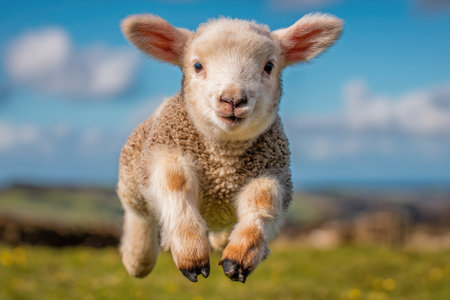 A fluffy lamb is captured mid-air, showcasing its playful energy. The image displays the animal with light brown fur, set against a blurred green field and a vibrant blue sky with soft clouds. This photo is suitable for use in various commercial contexts, including editorial content and promotional materials.の素材