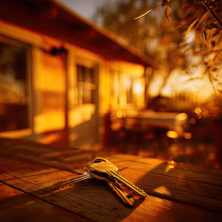 A pair of keys rest on a wooden surface with a soft focus house in the background. The scene is illuminated by warm, golden sunlight, creating a cozy atmosphere. The composition emphasizes depth, with an inviting perspective. Suitable for real estate, home ownership, and lifestyle themes.の素材