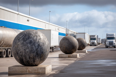 Three large spherical objects are displayed outdoors, possibly art installations. The scene features a row of parked trailers and trucks, suggesting an industrial or commercial environment. The lighting is diffused, and the composition focuses on the contrasting textures and shapes. This image might be suitable for editorial or illustrative purposes.の素材