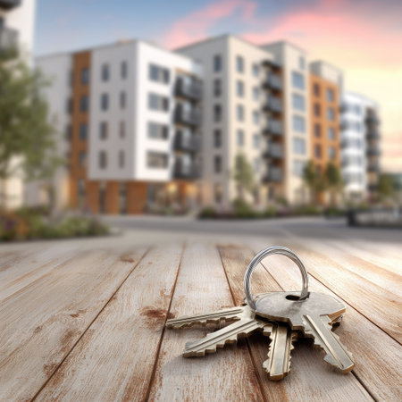 A close-up captures a set of keys resting on a weathered wooden surface, with residential buildings softly blurred in the background. The keys exhibit a metallic shine, contrasting with the natural tones of the wood. The composition suggests an outdoor setting, bathed in warm, diffused light, suitable for property-related content.の素材