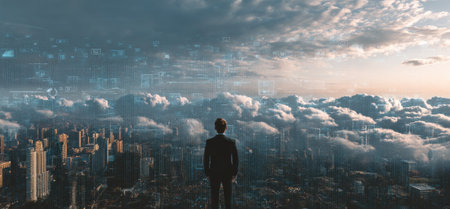 A man stands facing away, contemplating a cityscape partially obscured by clouds. The composition features subdued colors and soft lighting, creating a sense of depth. This evocative image is suitable for various commercial uses, including business and conceptual themes. The visual style suggests a modern and dramatic aesthetic.の素材
