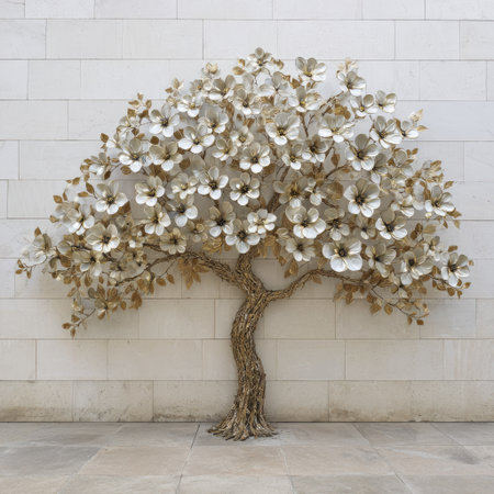 An artistic metallic tree sculpture is affixed to a neutral, textured wall. The sculpture exhibits a light-toned color palette and detailed form with numerous blossoms. The piece appears to be illuminated with soft lighting. This image could be suitable for decorative designs, artistic concepts, or editorial publications.の素材