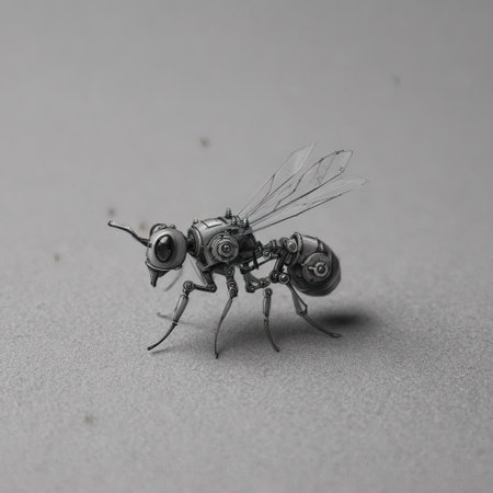 A detailed illustration presents a mechanical insect with intricate steampunk design. The image showcases metallic textures, gears, and wings against a gray backdrop. This artistic creation suggests a blend of technology and nature, suitable for various editorial and commercial applications.の素材