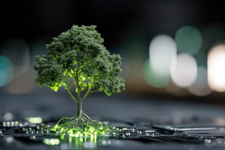 A small tree, with green foliage, is positioned on a circuit board, suggesting a connection between nature and technology. The image shows detailed textures and highlights from overhead lighting. The composition includes a blurred background. Suitable for conceptual illustrations or designs related to technology.の素材